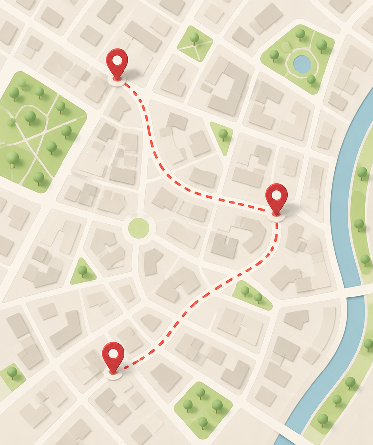 Map with red pins connected by a dashed delivery route
