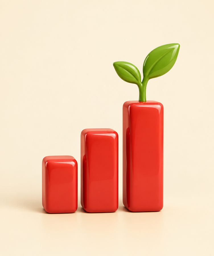 Rising red bar chart with a green sprout