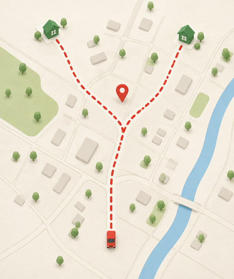 Branching dashed route toward two shelter markers