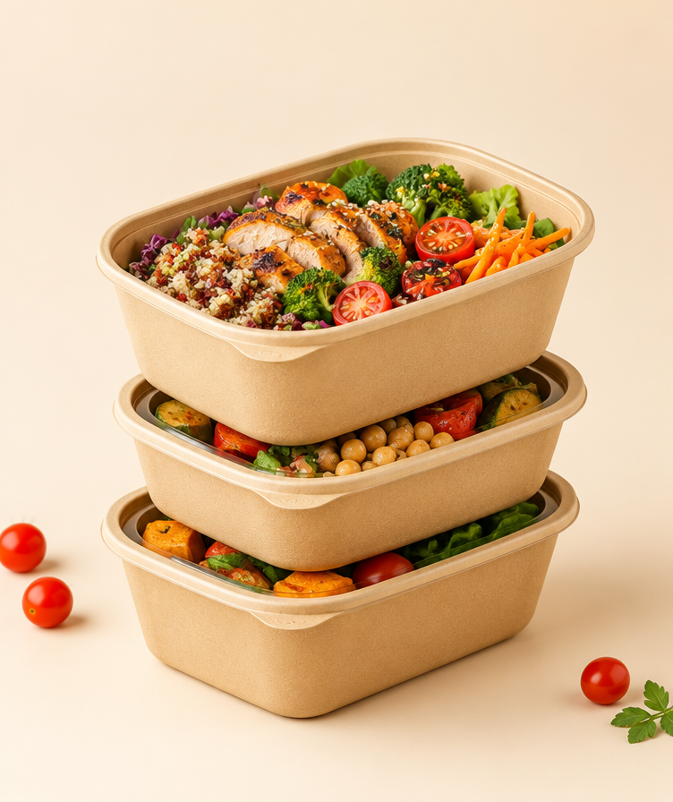 Stacked takeaway meal containers with fresh food