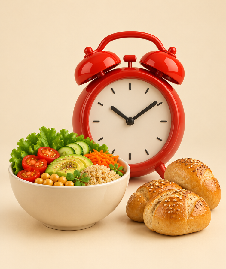 Red alarm clock beside a bowl of food