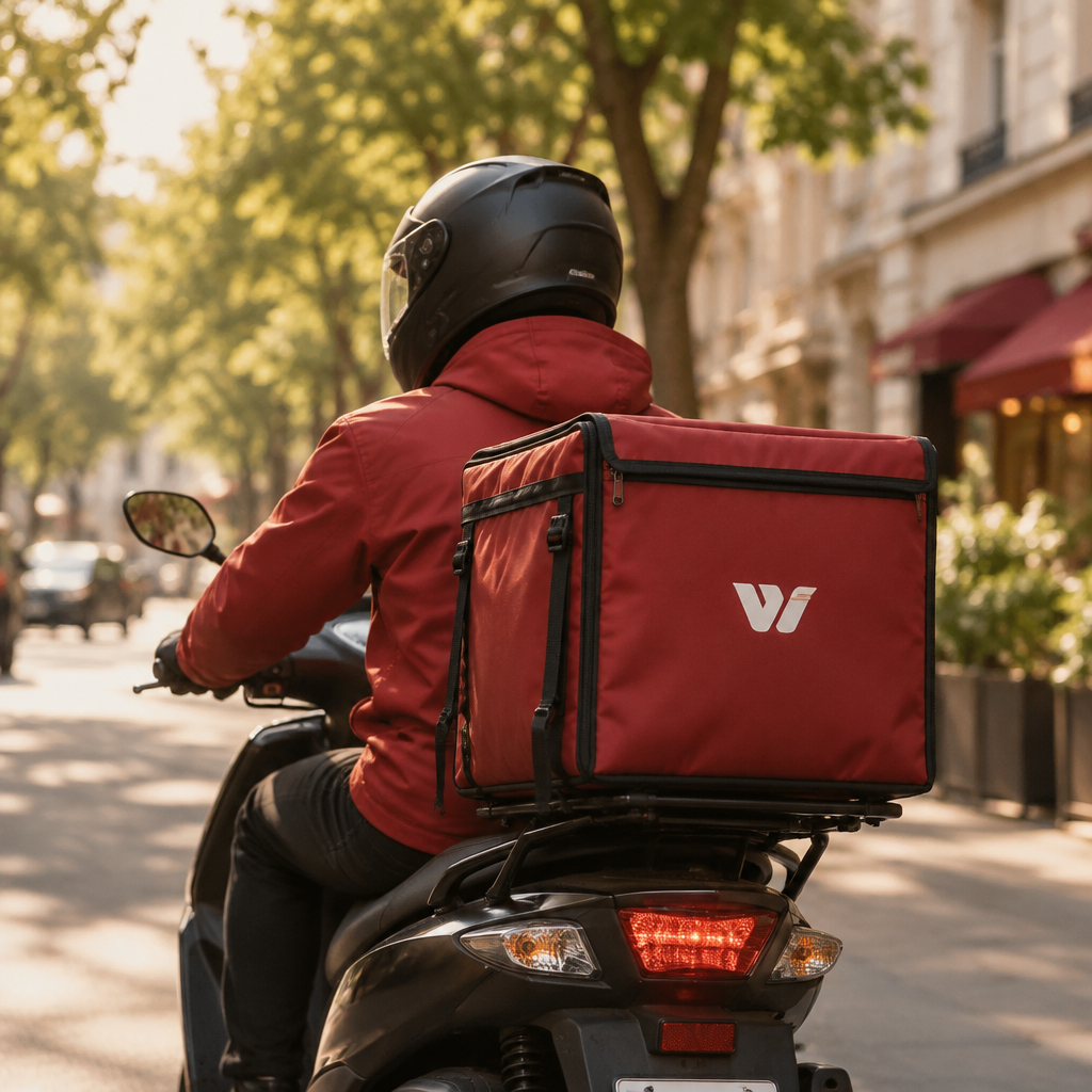 Volunteer delivery rider on a scooter carrying a branded WeConnect delivery box through a city street